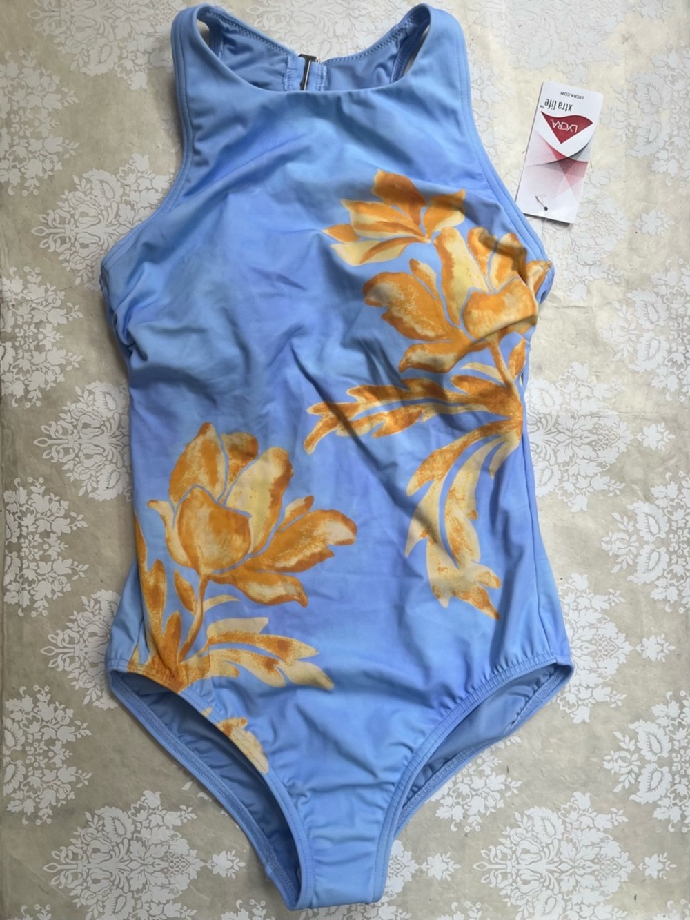 Lands End Tugless High Neck Portrait Back One Piece Swimsuit light blue